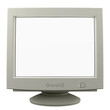 © D Graphics - Isolated classic white vintage CRT computer monitor turned on and glowing white screen, retro tech 3d illustration