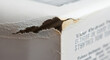 © gabriel - Damaged cardboard box corner with torn edge, revealing inner layers, perfect for illustrating wear and tear or packaging failure in product shipping