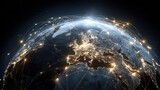 This striking visualization shows Earth at night, highlighting illuminated cities in Europe and the intricate web of connectivity across the globe.