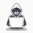 © Shipon - Hooded monochrome figure operates laptop; a stylized hacker focuses on his digital task intensely