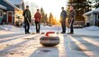 © Design Stock - Four friends enjoying a playful game of street curling on a sunny winter afternoon with a curling stone in the foreground