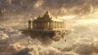 © mila103 - A stunning temple rests on a floating island above the clouds, bathed in golden light during sunset. The ethereal atmosphere captivates with swirling clouds and sparkling particles.