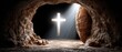 © pvl0707 - Empty tomb with stone rolled away symbolizes Jesus' resurrection and the promise of new life, illuminated by a shining cross in the background