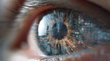 A close-up of an eye showing a vivid cityscape reflected in the pupil. Bright lights and towering skyscrapers create a stunning urban view at night, highlighting the beauty of city life.