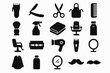 © Nataliia - Barber shop tools and equipment icons: clippers, razor, scissors, apron, mirror
