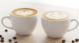 Two white cups of latte with latte art on a bright surface with coffee beans around them