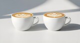 Two white ceramic cups filled with latte art on a white surface in bright sunlight