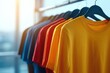 © River Girl - Chic loft-style showroom showcasing colorful t-shirts on sleek metal racks, bathed in natural light from large windows, evoking a trendy and inviting mood