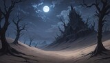 dark castle in a moonlit forest landscape