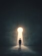 © Johannes - back view of businessman standing in abstract key opening in wall with bright light and mock up place solution and decision concept no logos no brands ar 34