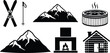© OKAN - Winter mountain cabin with skis fireplace and hot tub icons vector