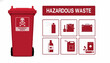 © imran - Vector illustration set of hazardous waste icons featuring a red disposal bin for chemical, toxic, and flammable materials