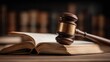 © mila103 - A wooden gavel is placed on an open legal text in a law office library. Dim lighting highlights the gavel and book, creating a serious and scholarly atmosphere for legal study.