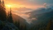 © Viktor - Golden sun illuminates vast mountain forest valley. Misty clouds drift through deep green pine tree slopes with dense foliage. Distant rugged peaks majestically pierce clear morning sky. Peaceful
