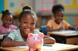 © Viktor - Young African American girl smiles brightly in classroom setting. Holds pink piggy bank beside desk, financial literacy, saving habits. Background shows students learning at desks.