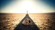 © MarGa - Figure of Jesus walking in desert during sunrise. Spiritual journey of faith and hope. Broken clay jug in long shadow