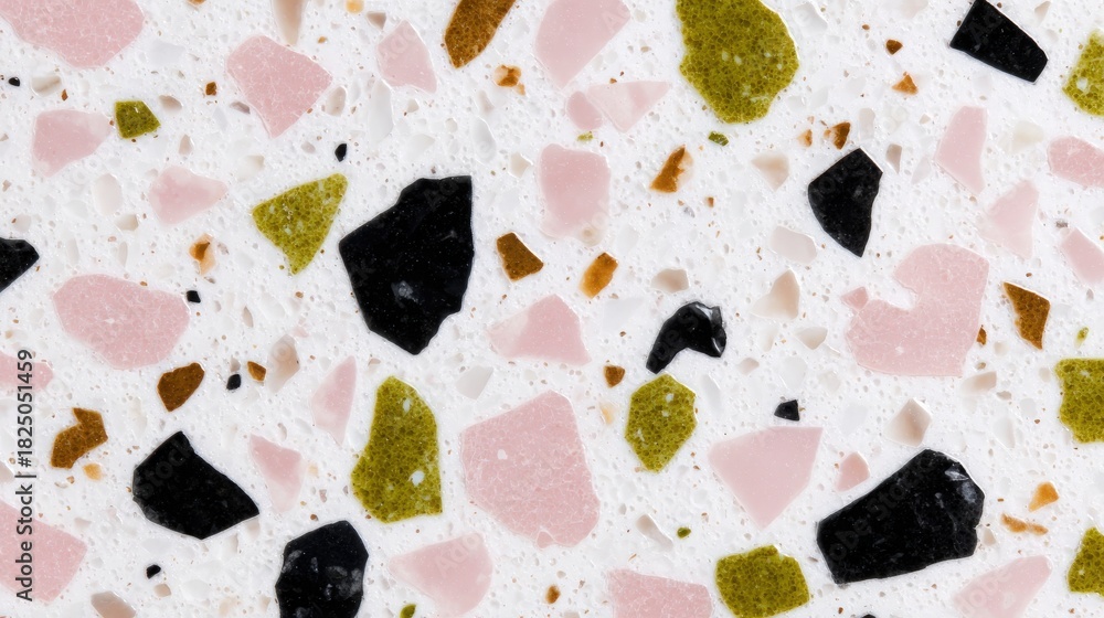 Colorful fragments of pink, green, black, and gold stones are scattered throughout a white surface. This vibrant arrangement offers a modern, textured appearance suitable for various design purposes.