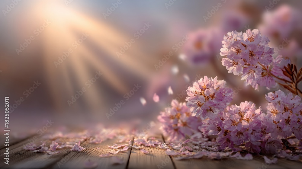 Delicate pink flowers lay on a wooden surface, with soft petals scattered around. A warm light shines through, creating a serene and tranquil atmosphere, evoking springtime beauty.