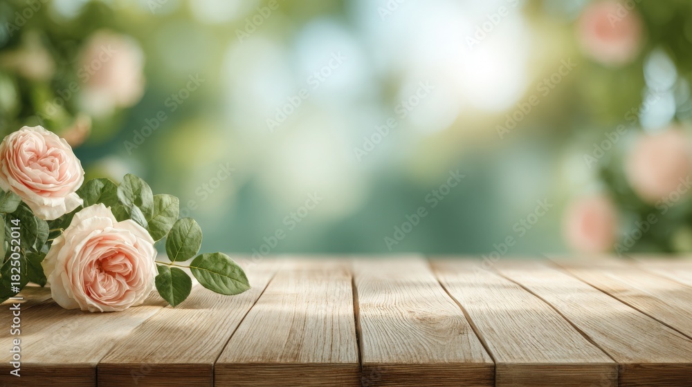 Fresh pink roses rest on a rustic wooden table, surrounded by green leaves. The background showcases a softly blurred garden, creating a peaceful atmosphere during a sunny day.