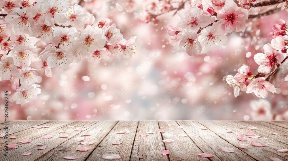 Pink cherry blossoms bloom against a soft, blurred background, creating a serene atmosphere. Petals fall gently onto a wooden table, enhancing the tranquil scene.