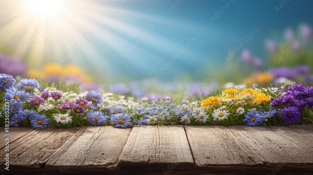 Brightly colored flowers cover a wooden table against a blurred garden background. Sunlight shines down, creating a warm, cheerful spring atmosphere with a mix of daisies and wildflowers.