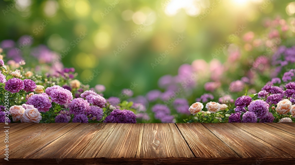 A wooden table sits in the foreground of a vibrant garden filled with various flowers, including pink and purple blooms. The background features a lush, green landscape illuminated by soft sunlight.