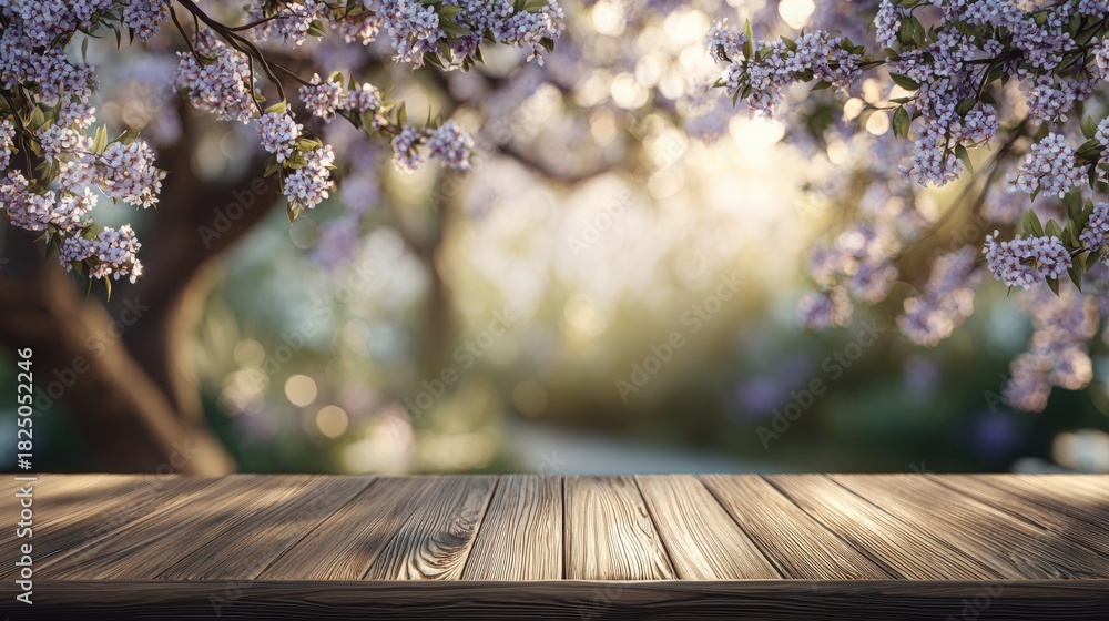A rustic wooden table sits in the foreground, surrounded by flowering trees. The scene is bathed in warm sunlight, creating a peaceful and inviting atmosphere. Blossoms add a touch of charm.
