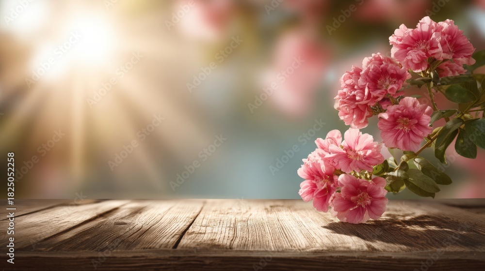 A cluster of beautiful pink flowers rests on a rustic wooden table. Soft sunlight streams in the background, creating a peaceful and warm atmosphere. This serene scene evokes tranquility and beauty.