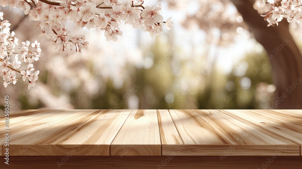 A wooden table is set outdoors surrounded by delicate cherry blossom trees. Soft sunlight filters through the blossoms, creating a peaceful and inviting atmosphere in spring.
