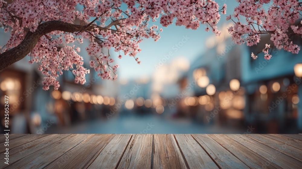 Delicate cherry blossoms hang over a rustic wooden table, set against a blurred view of a lively street. Soft lights twinkle in the background, creating a serene yet vibrant atmosphere.