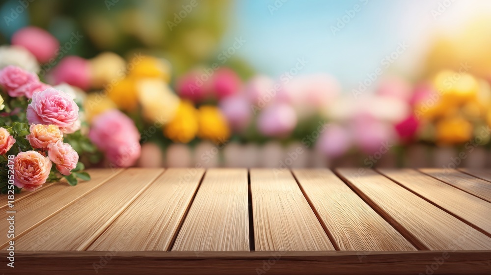 A wooden table is placed in front of a vibrant garden filled with blooming flowers in various colors. Sunlight filters through the petals, creating a bright and cheerful scene.