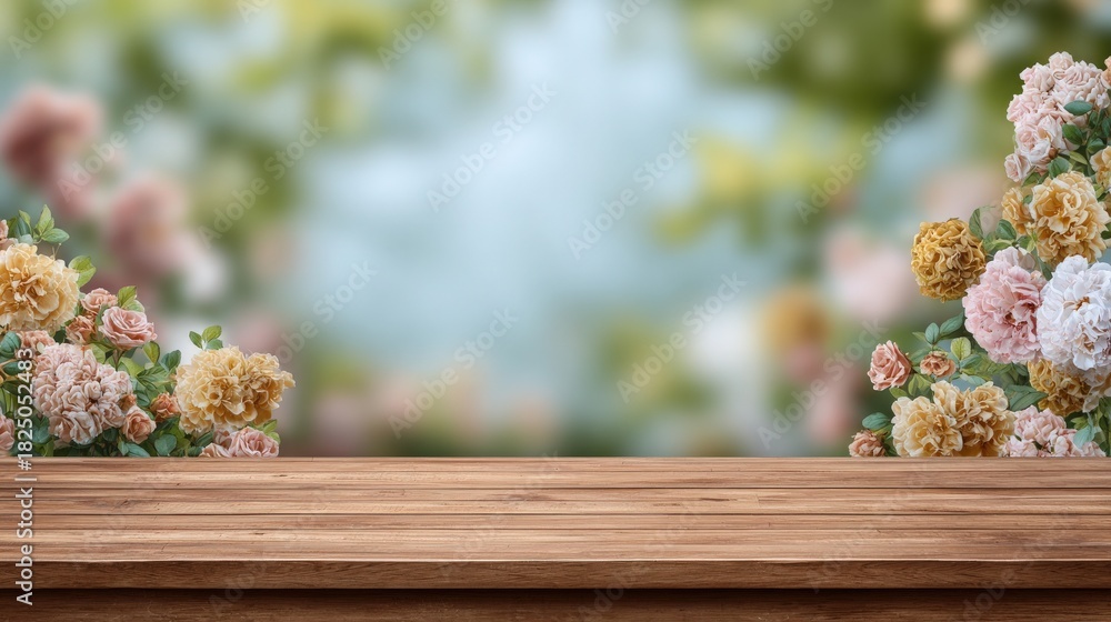 A charming display of roses in various colors adorns a wooden table. The soft blurred background enhances the peaceful ambiance, making it perfect for relaxation or decoration.