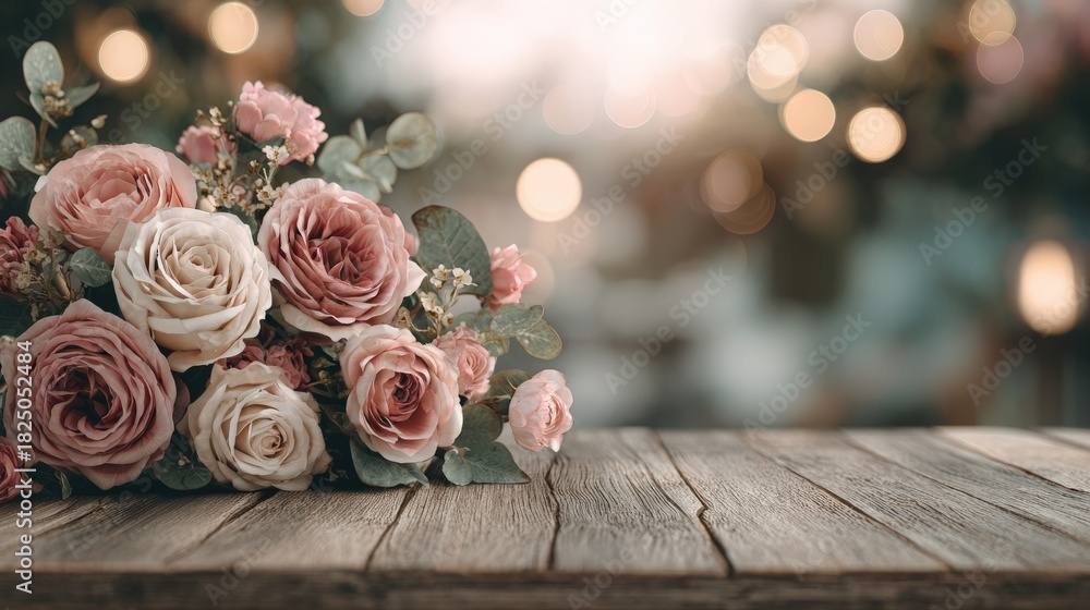 A lovely arrangement of pink roses and small flowers rests on a weathered wooden table. The soft background features blurred lights, creating a warm and inviting atmosphere.