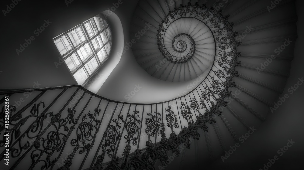 A beautiful spiral staircase winds upwards, featuring intricate iron railings and soft light filtering through a large window. The scene captures a sense of elegance and structure.