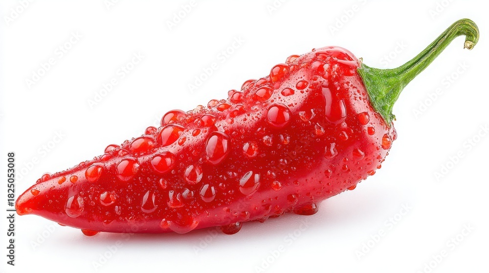 A vibrant red chili pepper is displayed on a clean white background. The surface is adorned with water droplets, highlighting its freshness and giving it a glossy appearance.