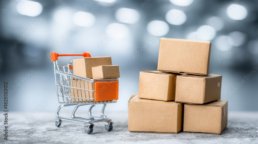 A small shopping cart holds several brown boxes while a larger stack of similar packages stands nearby. The setting is bright with blurred backgrounds, suggesting a retail store ambiance.