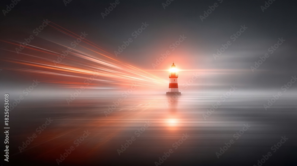 A lighthouse stands alone in calm waters, illuminated by a glowing light. Fog envelops the scene, adding to the tranquil yet mysterious atmosphere at dusk.