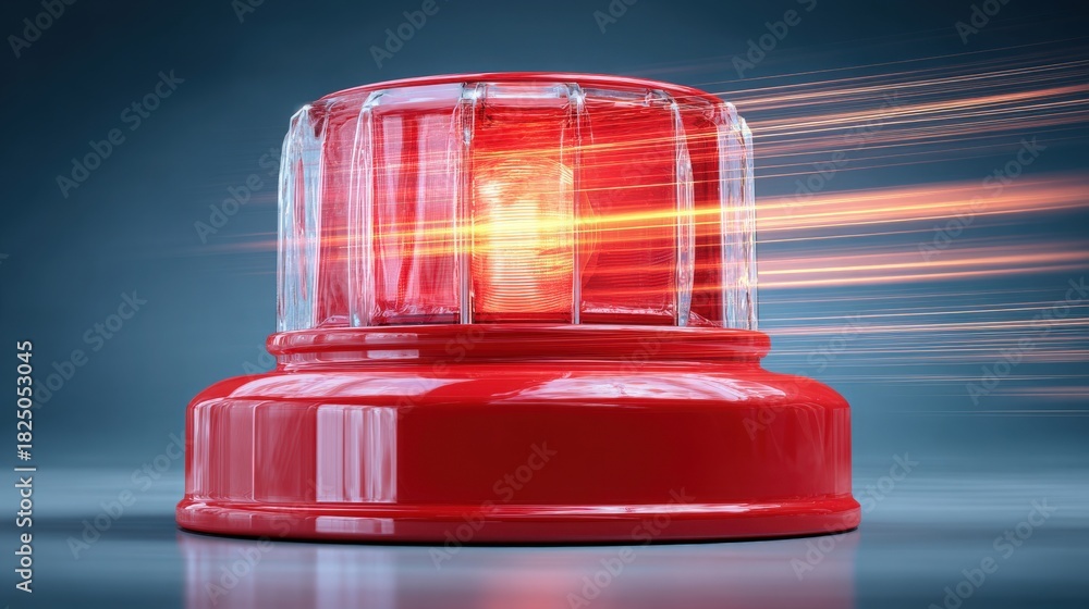 A bright red emergency light flashes vibrantly as it spins, casting a vivid glow against a dark backdrop, evoking urgency and alertness. The motion creates a sense of speed and action.
