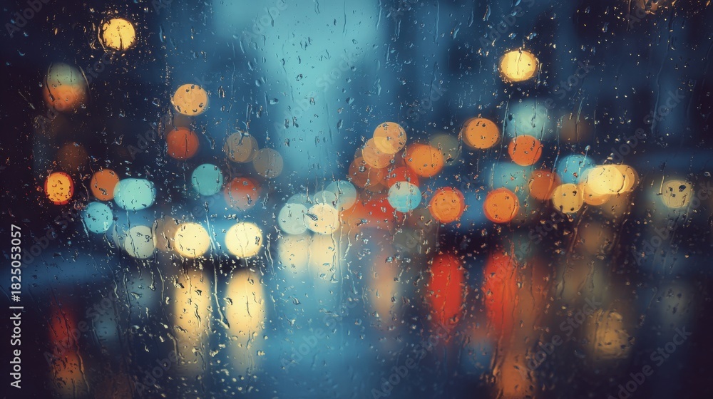 Raindrops cover the glass, creating a soft blur of colorful lights from passing cars and street lamps. The scene captures a tranquil and moody city evening.