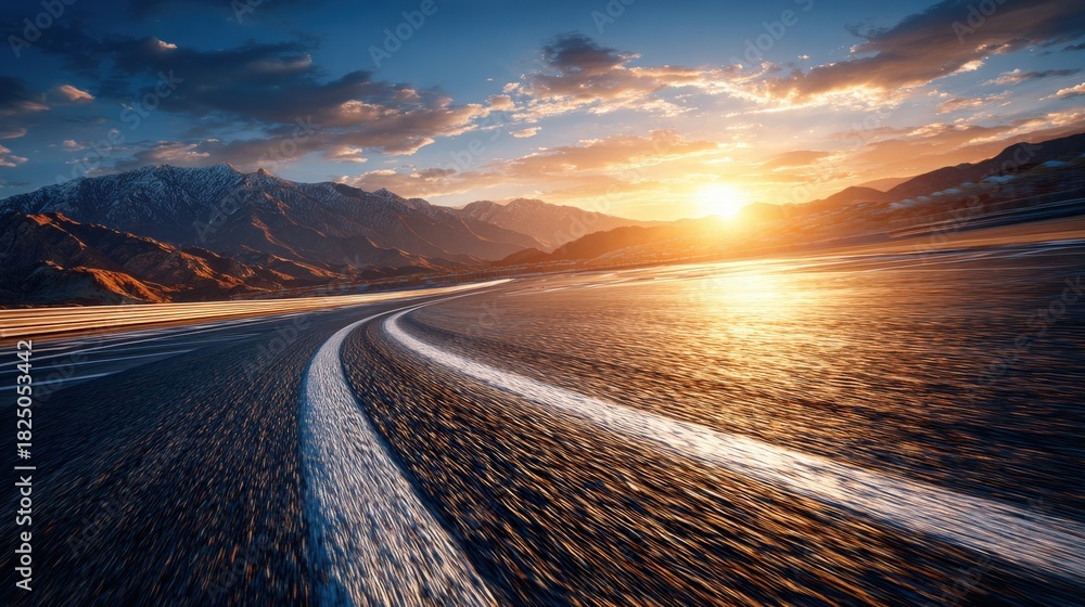A winding road stretches into the distance as the sun sets behind majestic mountains. The vibrant sky is filled with clouds, creating a picturesque scene at twilight.