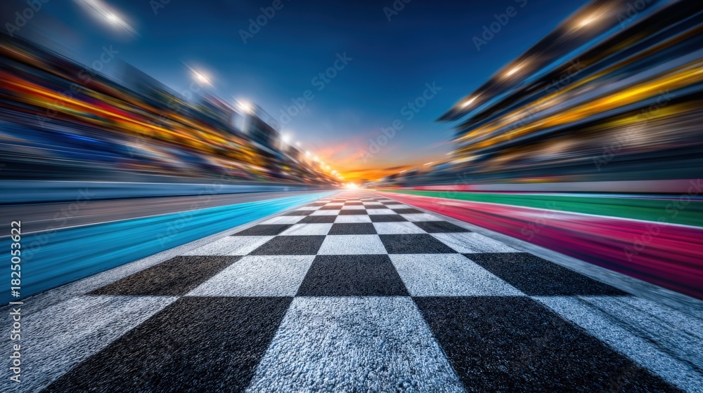 A racing finish line is shown prominently, marked by a black and white checkerboard pattern.