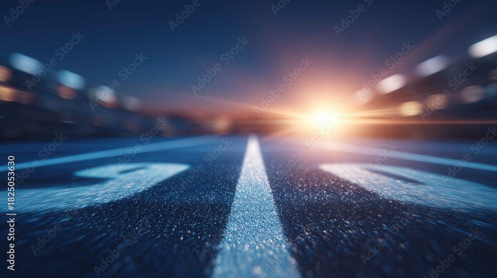 The scene shows a close-up view of a running track at twilight. The surface is smooth with white lines, and a warm light glows in the distance, creating a dramatic atmosphere.