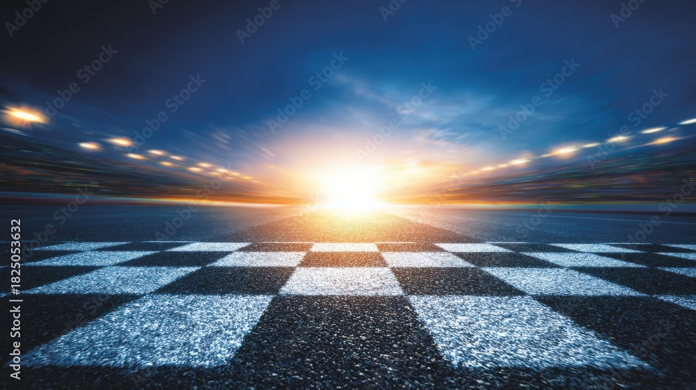 A checkered finish line stretches across a racetrack, illuminated by a vibrant sunset. The scene captures the anticipation of a race as lights twinkle in the distance, enhancing the mood.