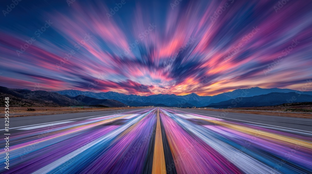A colorful airstrip stretches into the horizon as the sky showcases vibrant sunset hues. Dramatic clouds hover above the mountains, creating a breathtaking scene at dusk.