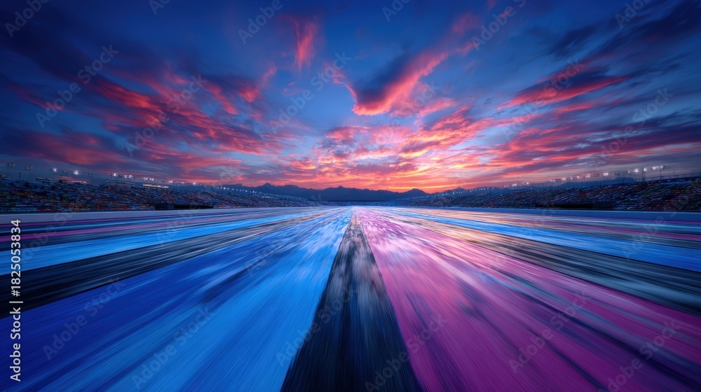 A vibrant racetrack stretches into the horizon under a dramatic sunset. Colorful lines divide the track while clouds reflect bright hues, creating a striking silhouette against the sky.