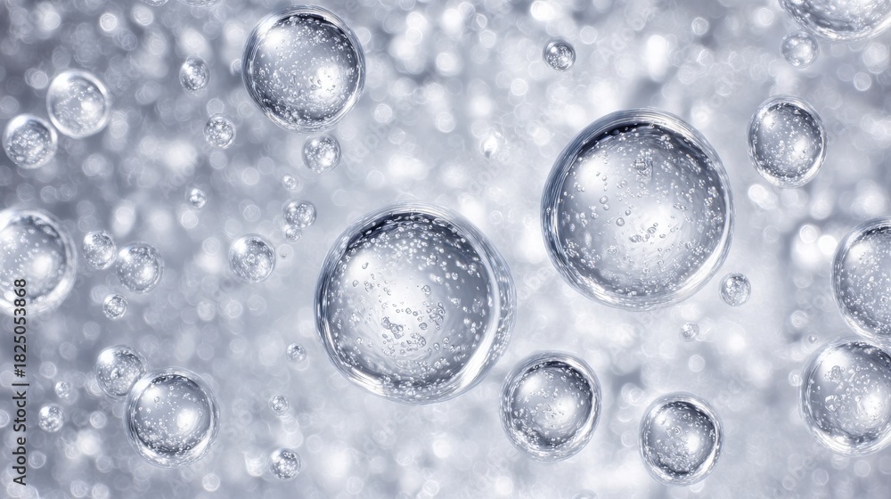 Clear bubbles rise and float in a shimmering liquid, creating a soothing visual. The light reflects off each bubble, enhancing the tranquil atmosphere.