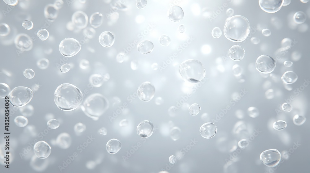 Water droplets gently fall and float against a soft, light background. The scene captures a tranquil moment with clear, round bubbles adding a calming effect to the overall ambiance.