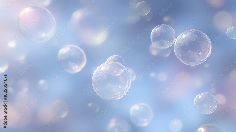 Bubbles drift gracefully in a soft blue backdrop, catching light and shimmering. The scene evokes a sense of calmness and joy, inviting viewers to enjoy a moment of wonder.