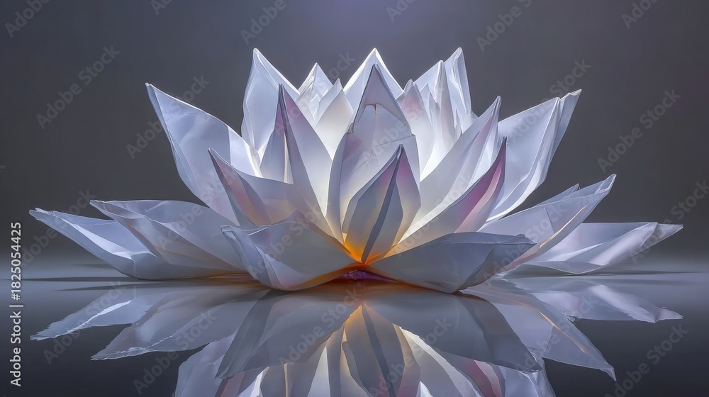 A beautiful white lotus flower sculpture radiates soft light, creating a serene atmosphere. The petals are intricately designed and reflect gracefully on a smooth surface.