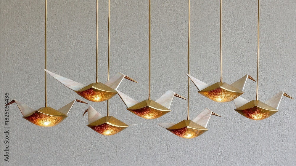 Hanging light fixtures shaped like origami birds create a unique visual effect in a modern room. The combination of white and gold materials adds a stylish touch, enhancing the decor.
